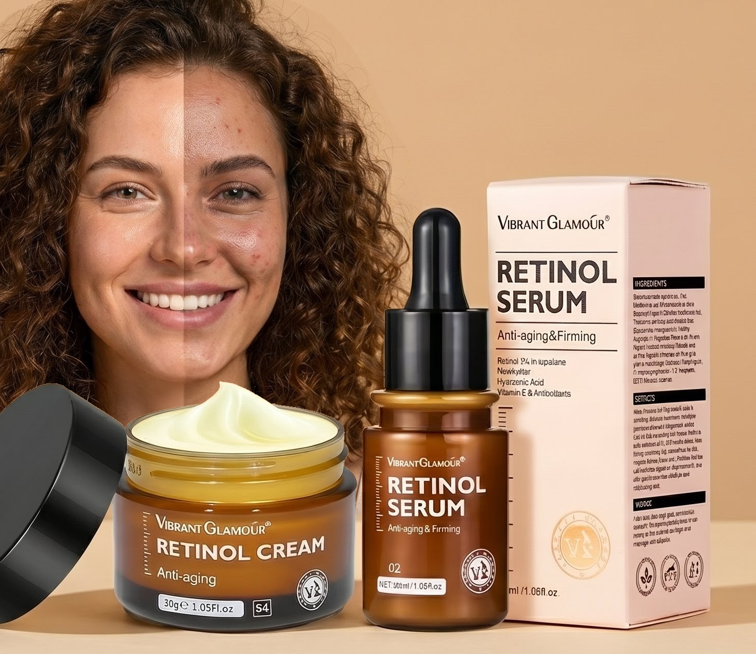 Retinol Face Cream and Eye Serum 2 Pcs/Set Firming Lifting Anti-Aging Wrinkle Reduce Wrinkle Fine Lines Facial Skin Care Product