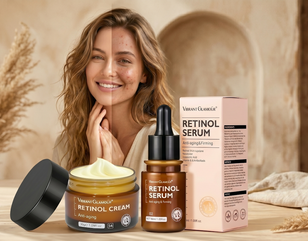 Retinol Face Cream and Eye Serum 2 Pcs/Set Firming Lifting Anti-Aging Wrinkle Reduce Wrinkle Fine Lines Facial Skin Care Product